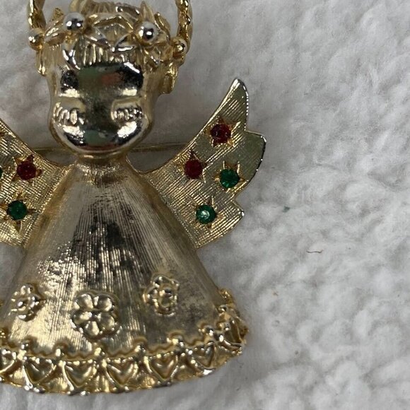 Vintage‎ Christmas Angel Brooch 2" Pin Gold Tone Red Green Rhinestones - Picture 5 of 10